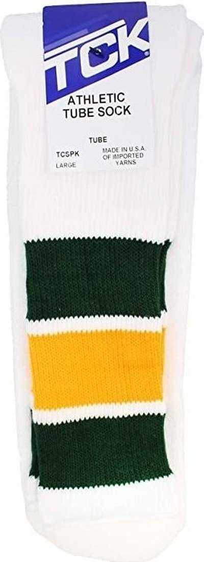 TCK Retro 3-Stripe Knee High Multisport Tube Socks - White Dark Green Gold Dark Green - HIT a Double