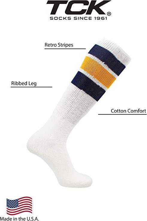 TCK Retro 3-Stripe Knee High Multisport Tube Socks - White Navy Gold Navy - HIT a Double