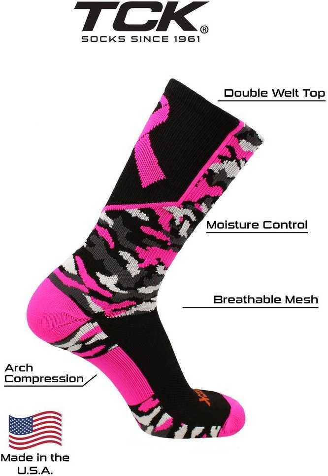 TCK Woodland Aware Breast Cancer Ribbon Crew Socks - Black Hot Pink - HIT a Double