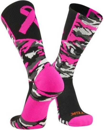 TCK Woodland Aware Breast Cancer Ribbon Crew Socks - Black Hot Pink - HIT a Double