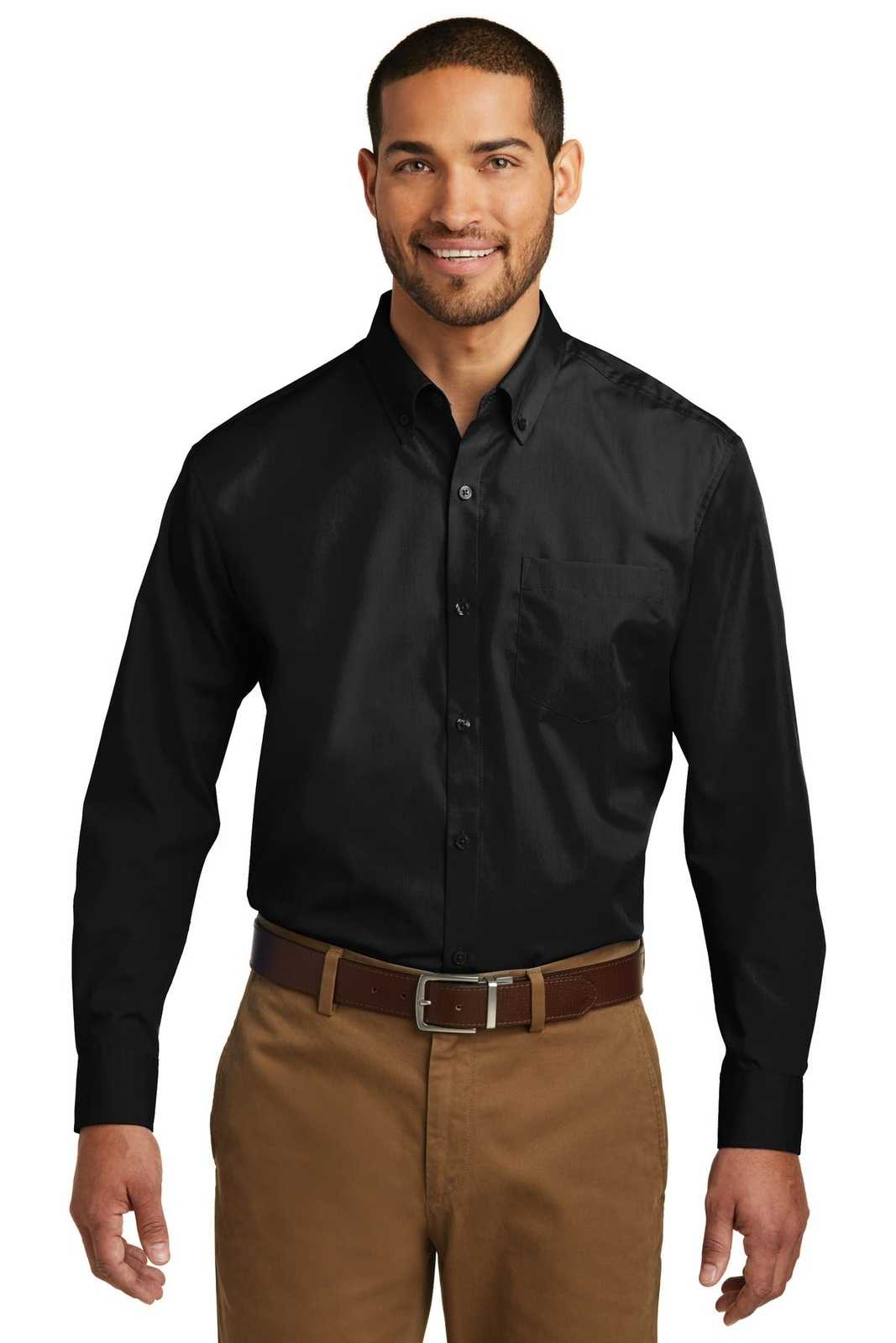 Port Authority TW100 Tall Long Sleeve Carefree Poplin Shirt - Deep Black - HIT a Double - 1