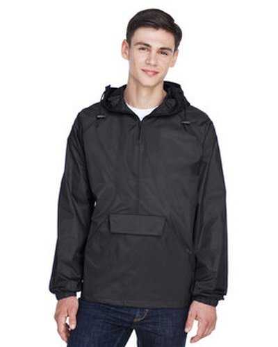 Ultraclub 8925 Adult Quarter-Zip Hooded Pullover Pack-Away Jacket - Black - HIT a Double