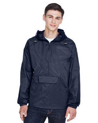 Ultraclub 8925 Adult Quarter-Zip Hooded Pullover Pack-Away Jacket - True Navy - HIT a Double