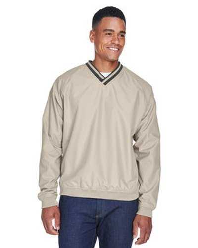 Ultraclub 8926 Adult Long-Sleeve Microfiber Crossover V-Neck Wind Shirt - Tan Navy - HIT a Double