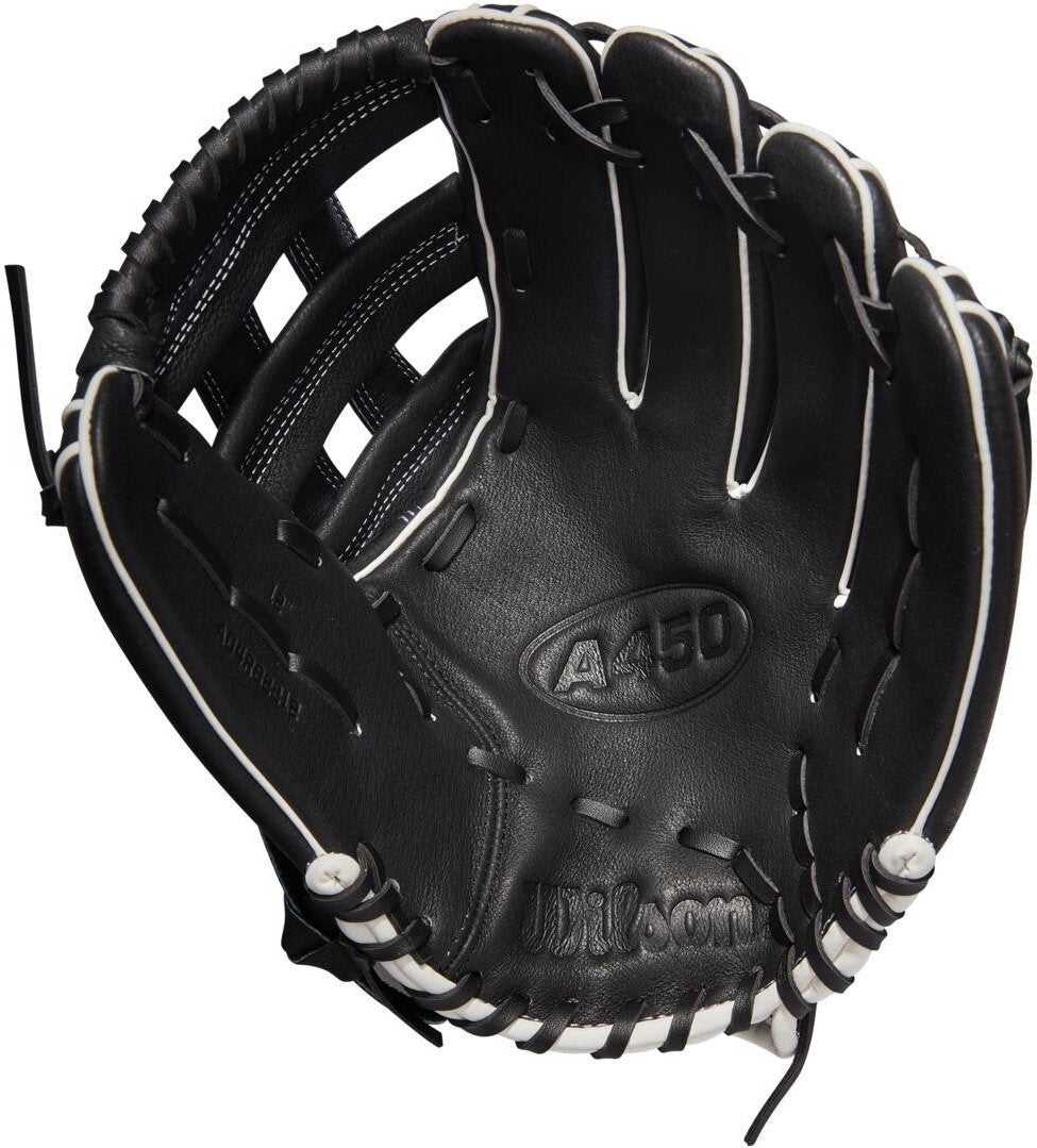 Wilson 2022 A450 12.00&quot; Youth Outfield Gloves - Black White - HIT A Double