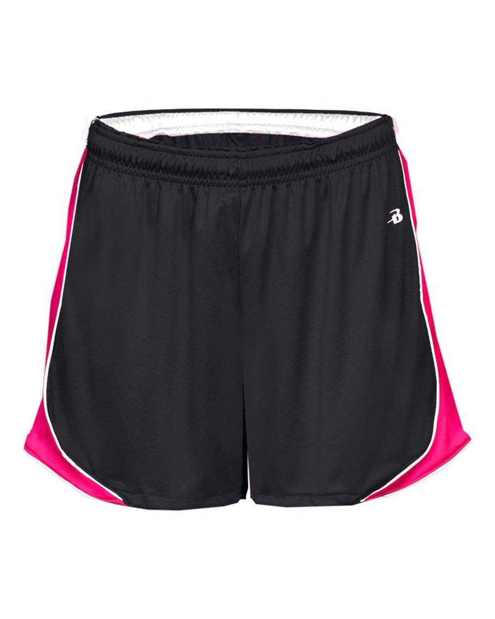 Badger Sport 4118 Pacer Ladies Short - Black White Hot Pink - HIT a Double - 1