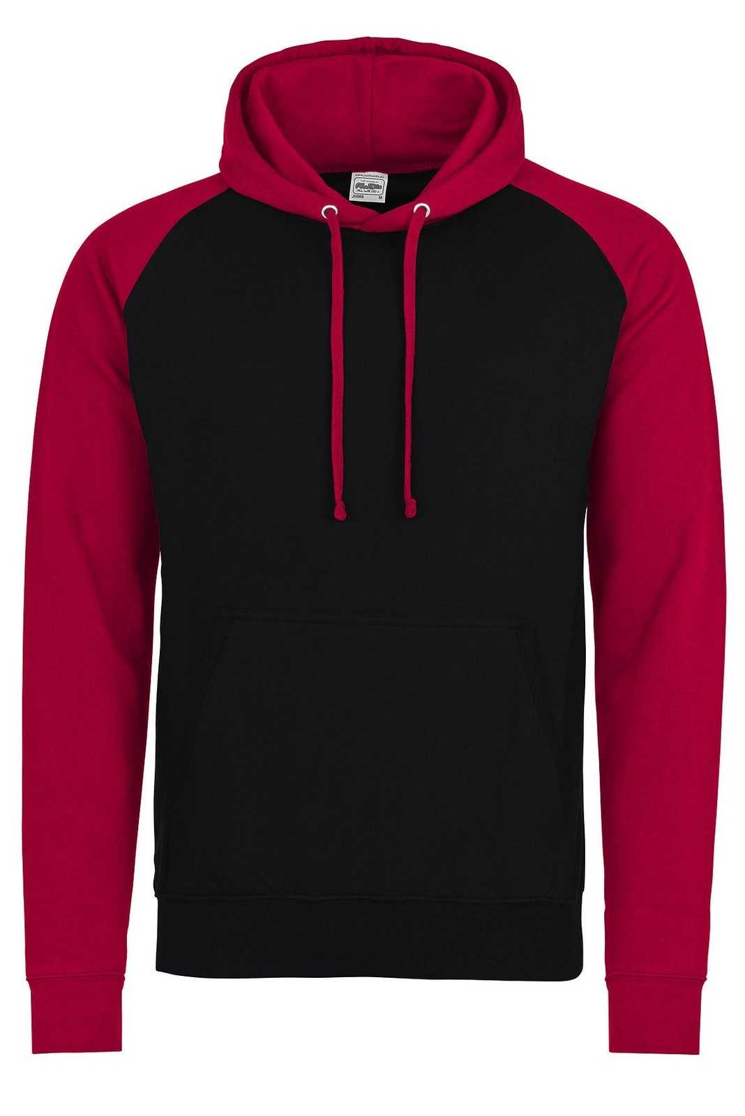 Just Hoods JHA009 Baseball Hoodie - Jet Black Fire Red - HIT a Double