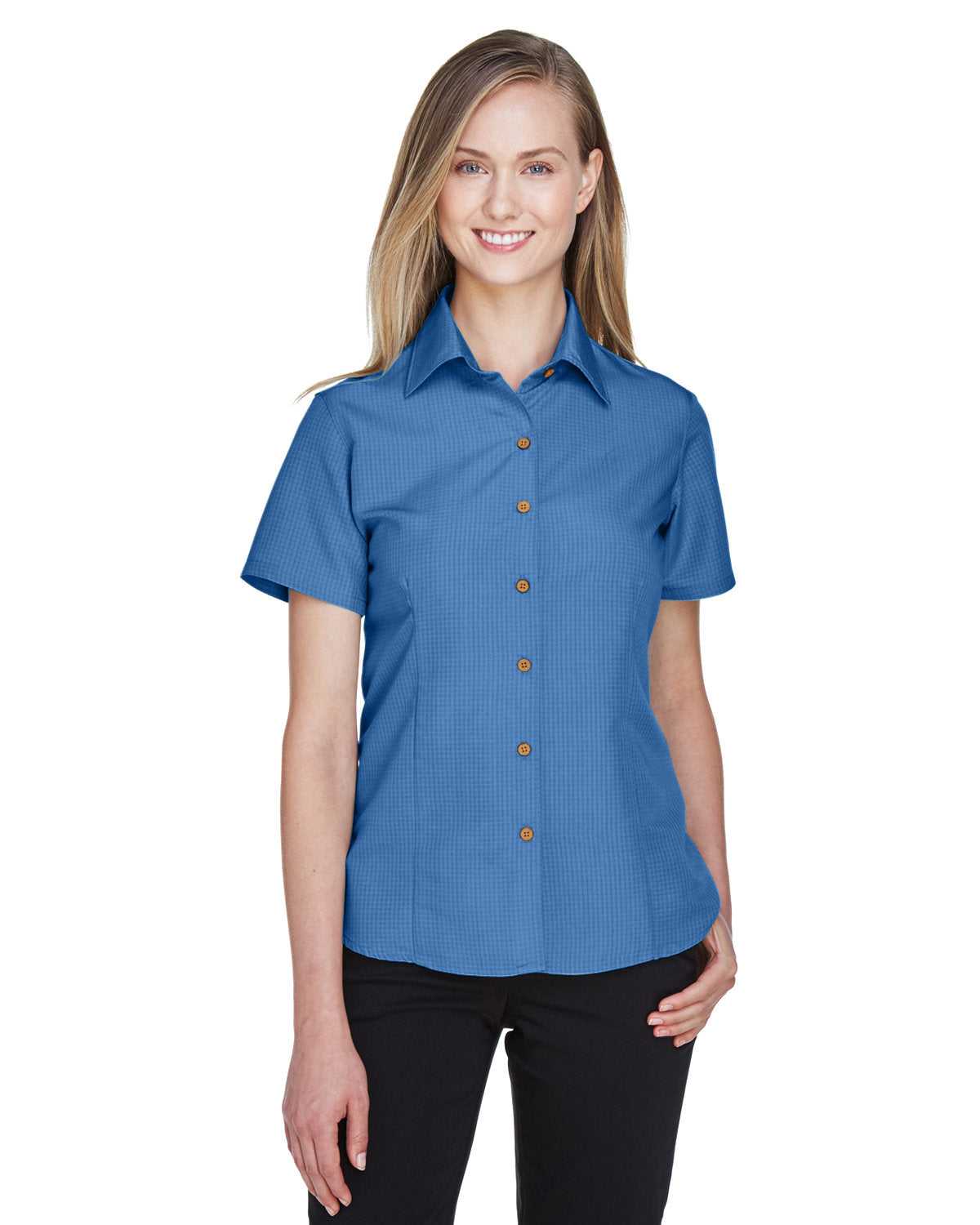 Harriton M560W Ladies' Barbados Textured Camp Shirt - Pool Blue - HIT a Double - 1